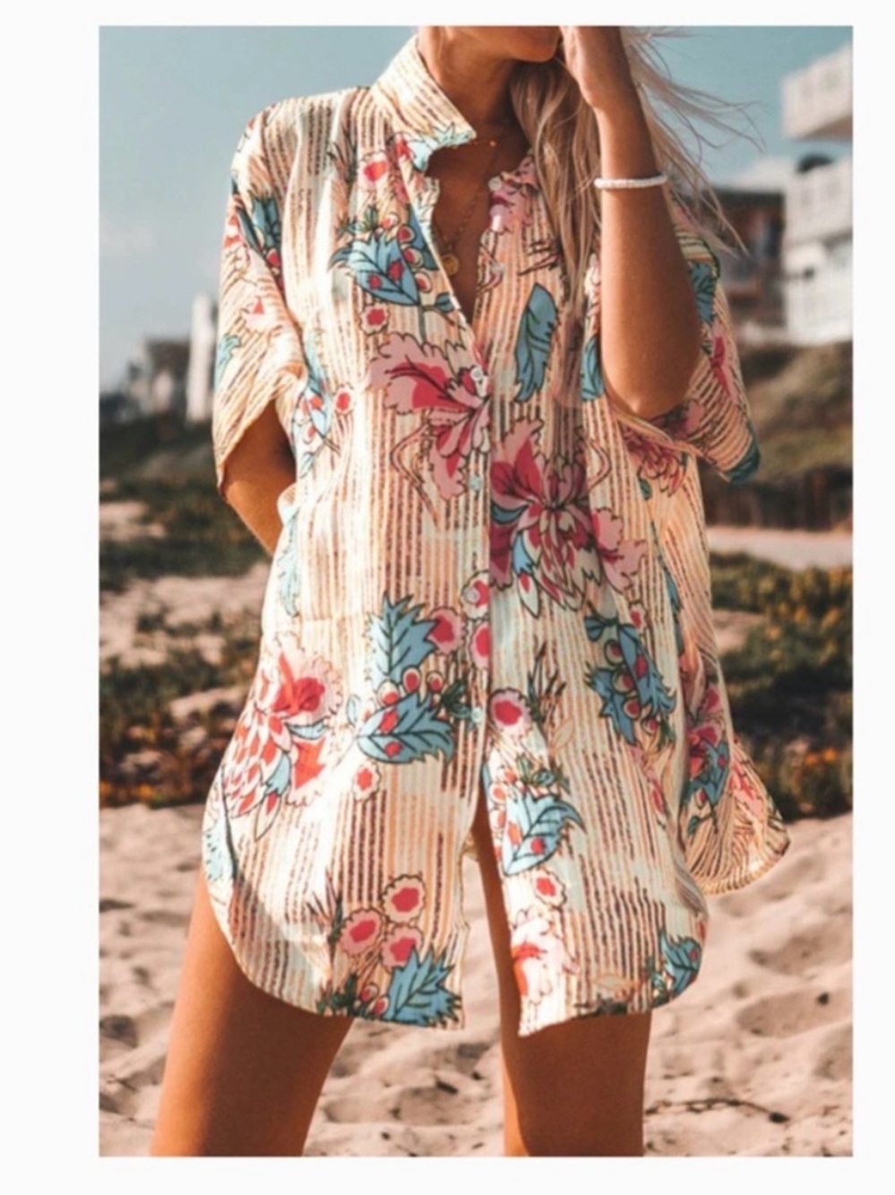 Cupshe Cream Floral Button-Down Beach Shirt with Pink & Blue Accents, S. NWOT